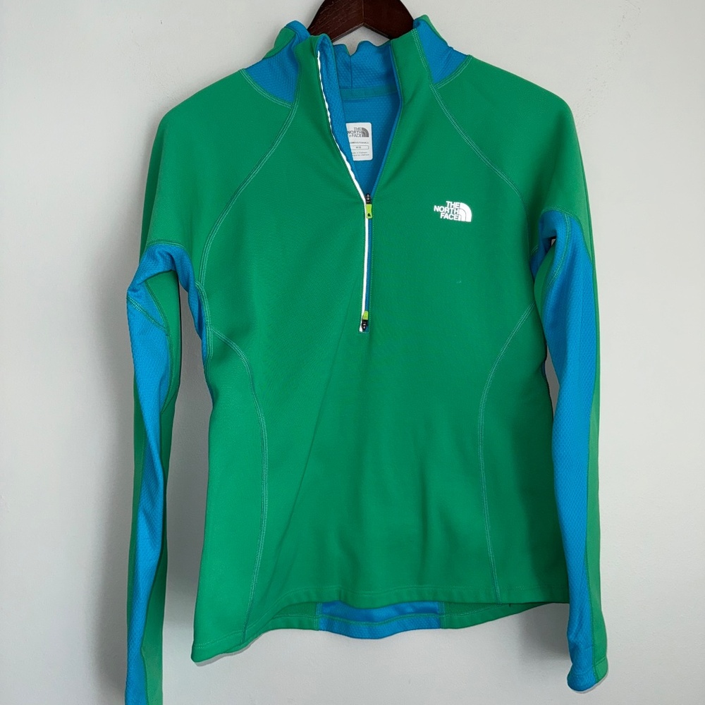 NORTH FACE Womens Medium Green Blue Fleece Lined Base Layer 1/4 Zip Long Sleeve